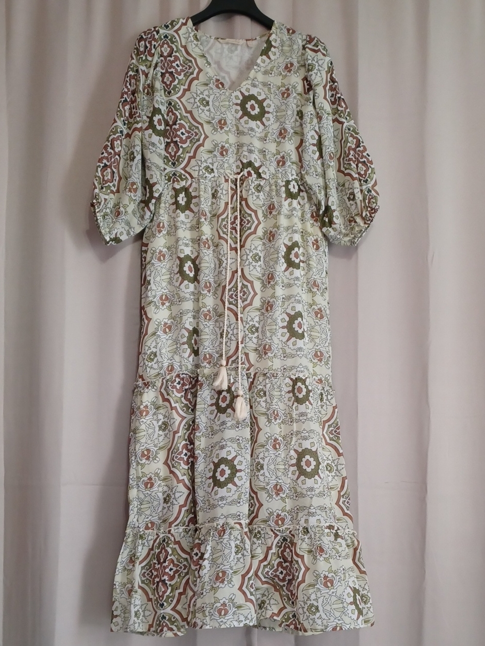 Soft Surroundings Zia Medallion Boho Tassel Teired Maxi Dress Puff Sleeve Size S